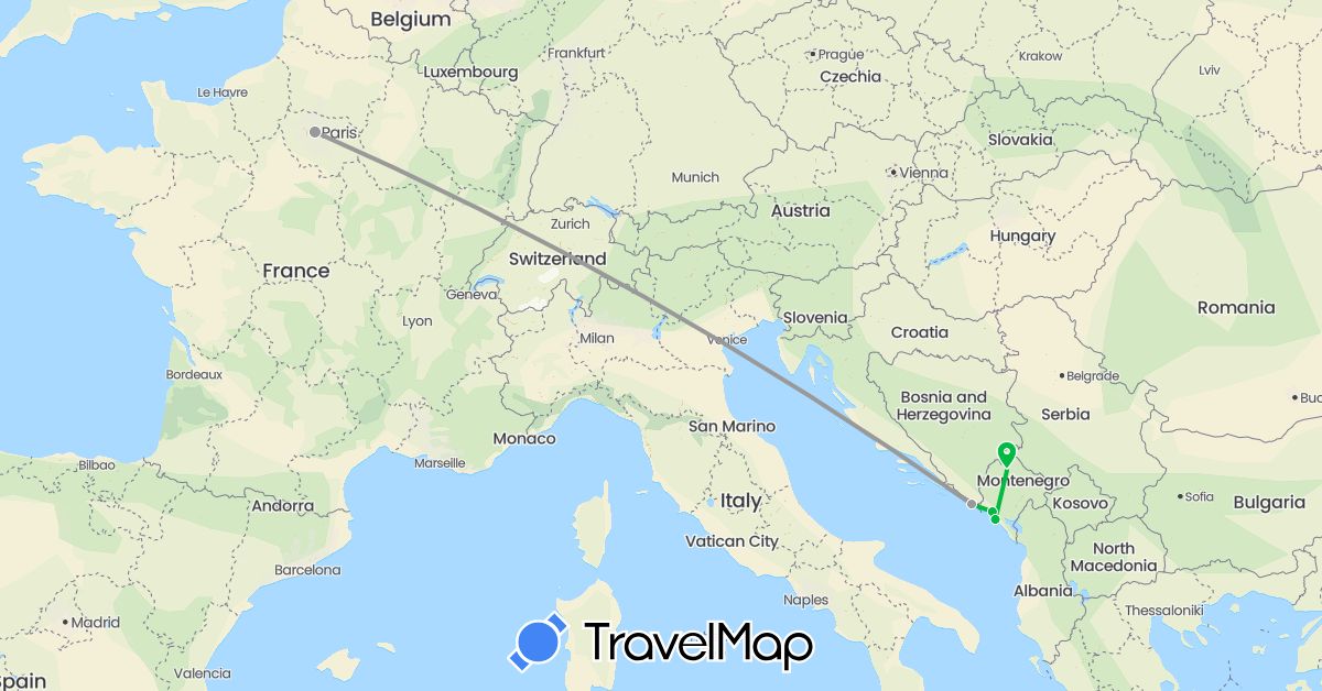 TravelMap itinerary: driving, bus, plane in France, Croatia, Montenegro (Europe)